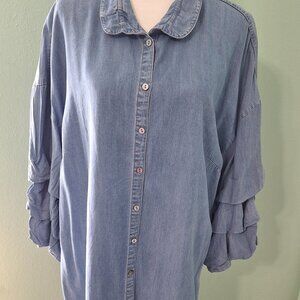 John Mark Chambrey Tunic w/Ruffled sleeves. Sz L